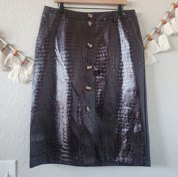 Rachel Comey Faux Leather Croc Chocolate Brown Button Down Midi Aline Skirt 16 - Picture 1 of 12